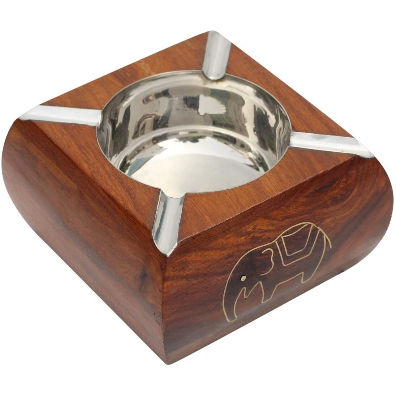 Saltoro Sherpi Wooden Ashtray with Brass Inlay Elephant Motifs - Vintage Look Square 4.5 Inch-